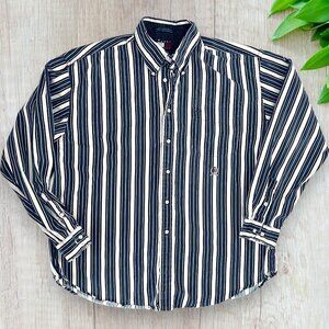 TOMMY HILFIGER Vintage Blue White Vertical Stripe Button Down Shirt Lion Logo XL